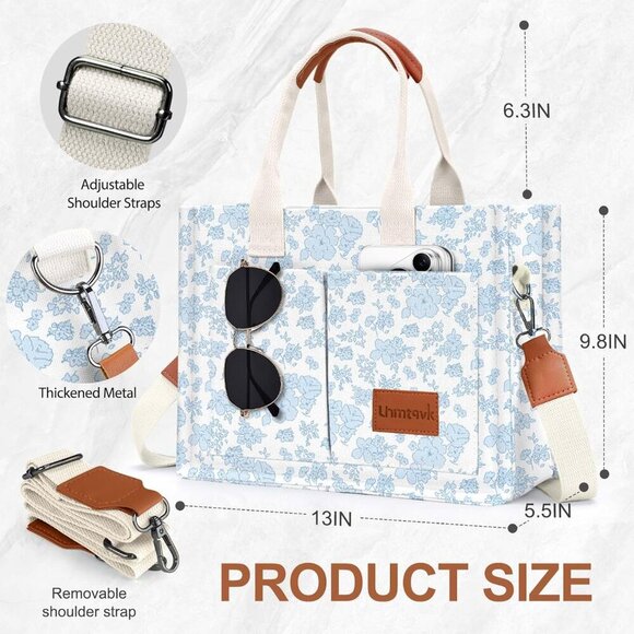 Stylish Blue Floral Tote Bag with Leather Handles - Durable Canvas Everyday Use - Picture 4 of 6
